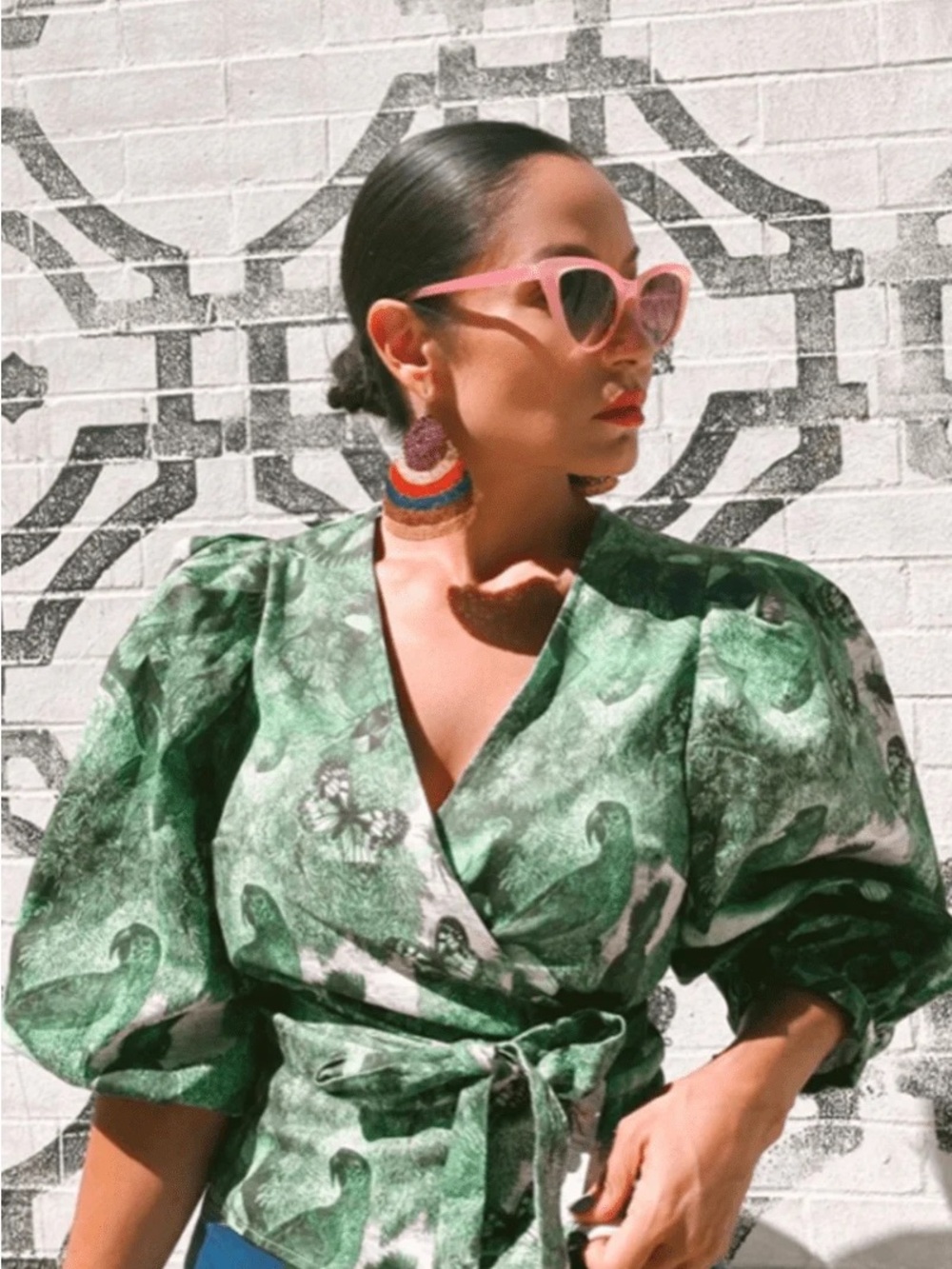 Anthropologie green puffy sleeve wrap blouse by Eve Franco